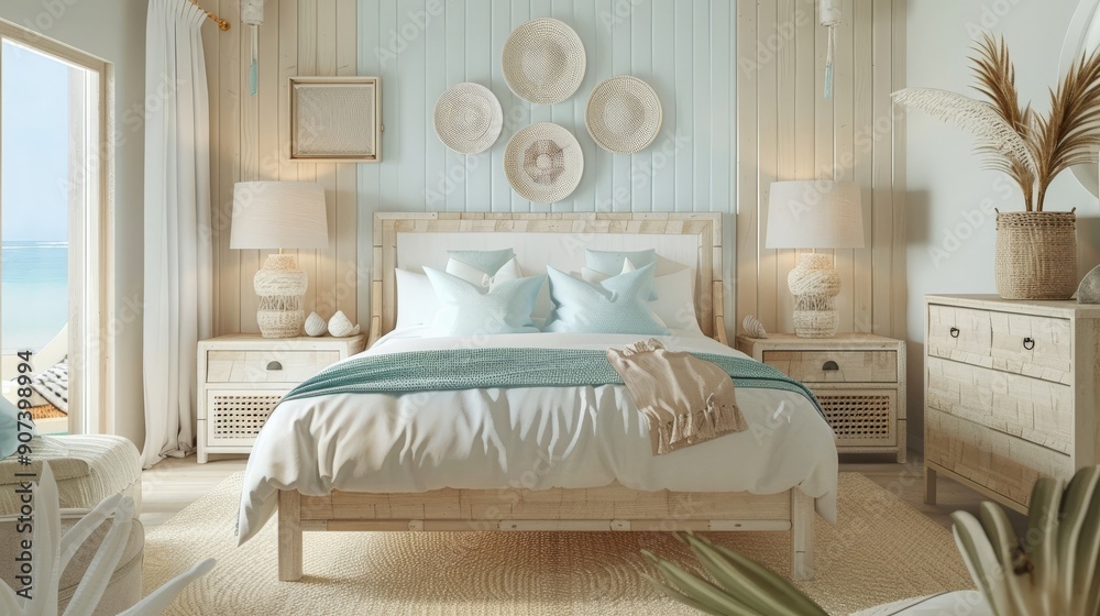 A beach-themed bedroom with light, airy decor, ocean-inspired colors, and seashell accents A beach-themed bedroom with light, airy decor, ocean-inspired colors, and seashell accents