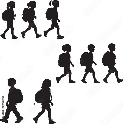 Silhouette of children with bag pack going back to school after summer vacations vector icon
