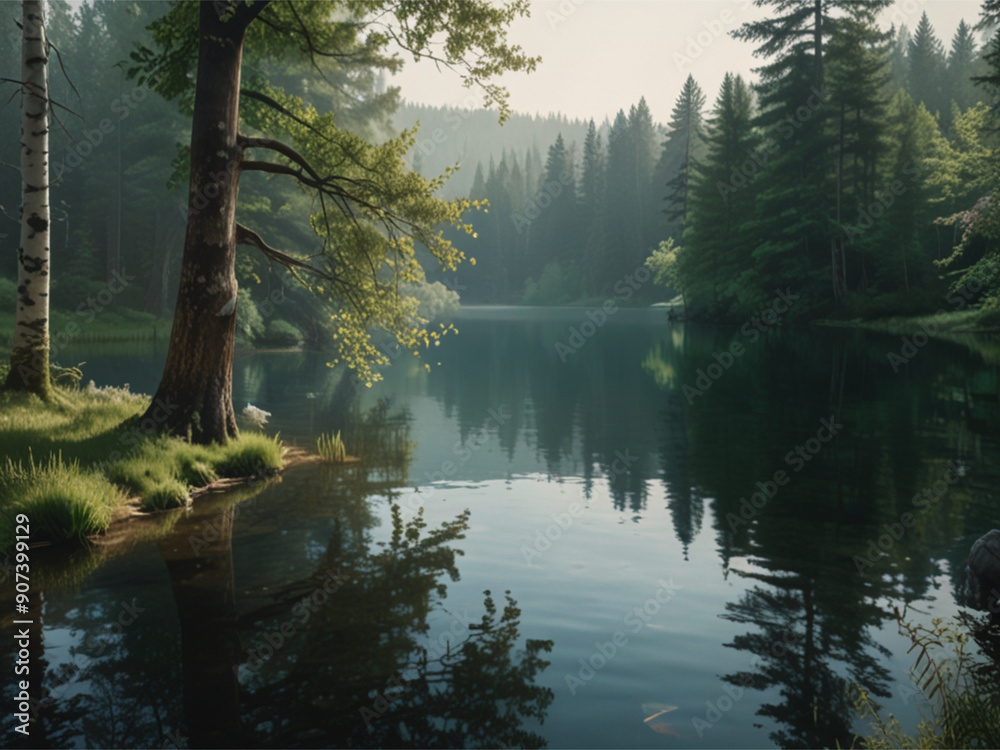 Obraz premium Terrence Forest with Calm Lake