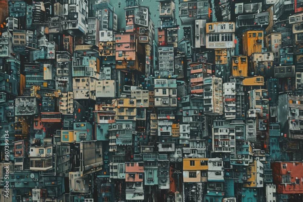 A chaos of buildings and structures in a densely packed cityscape, AI generated A chaos of buildings and structures in a densely packed cityscape, AI generated