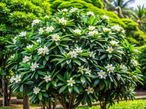 Tropical evergreen tree with dark green leaves and white flowers, native to South and Southeast Asia, growing in a lush forest or garden landscape. photo