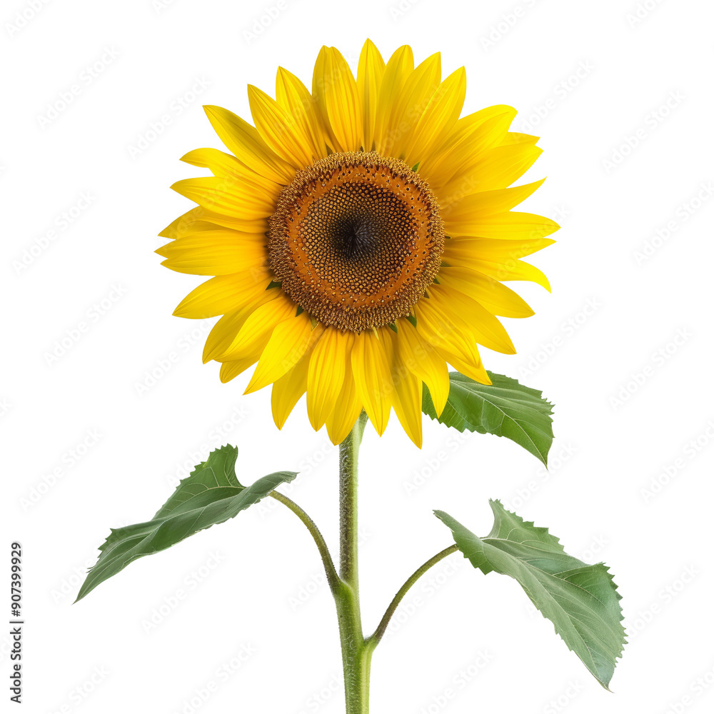 Obraz premium Bright Yellow Sunflower Isolated on White Background with Green Leaves - Perfect for Botanical and Nature-Themed Projects