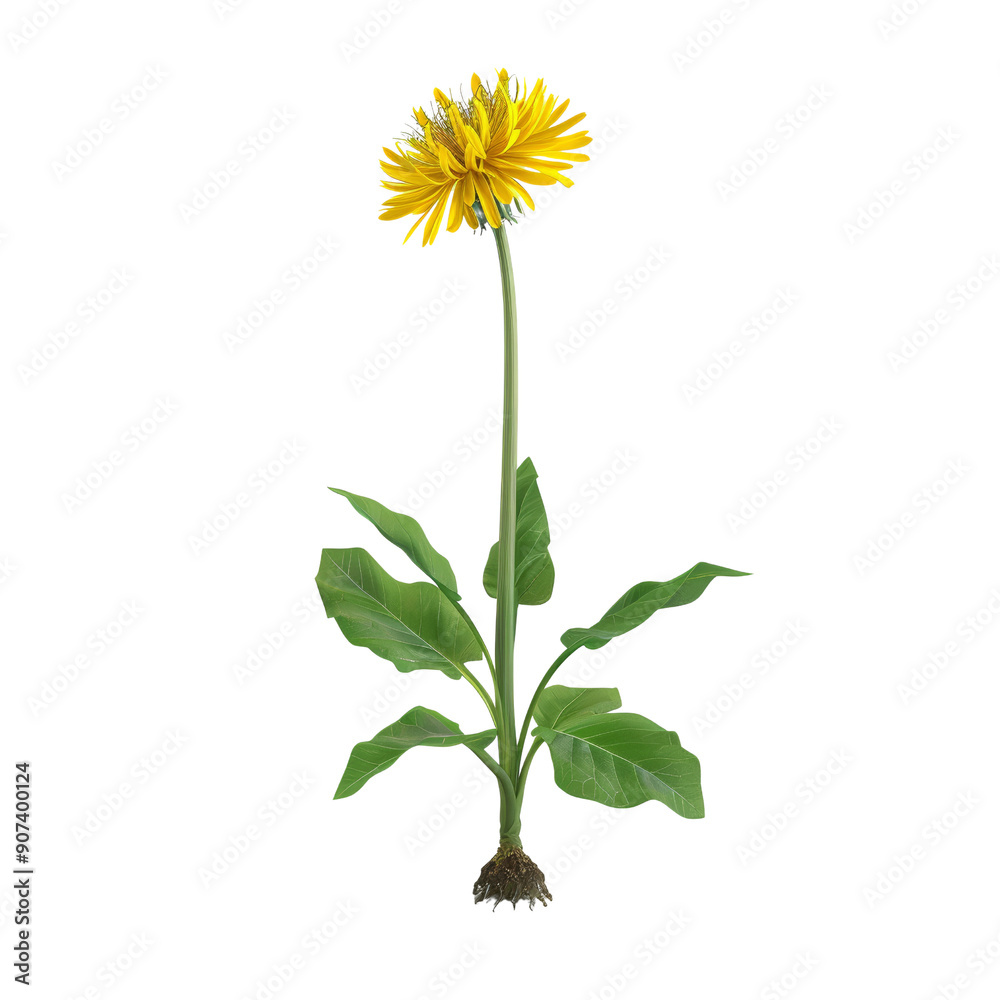 Fototapeta premium Vibrant Yellow Dandelion Flower with Green Leaves and Roots Isolated on White Background - Botanical Illustration