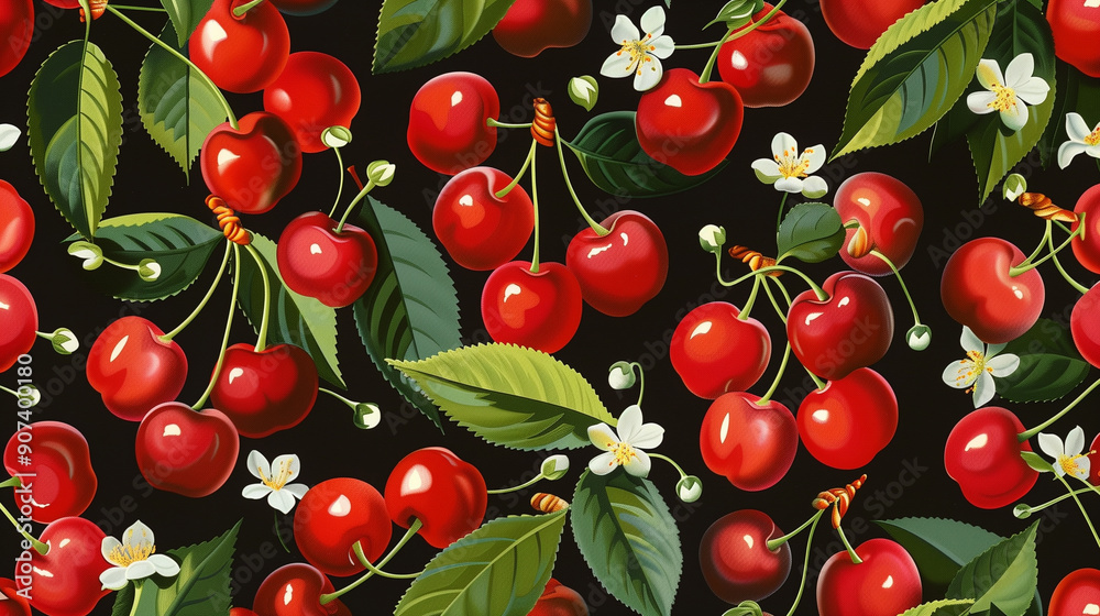 Realistic cherry pattern with leaves and blossoms on black background Realistic cherry pattern with leaves and blossoms on black background