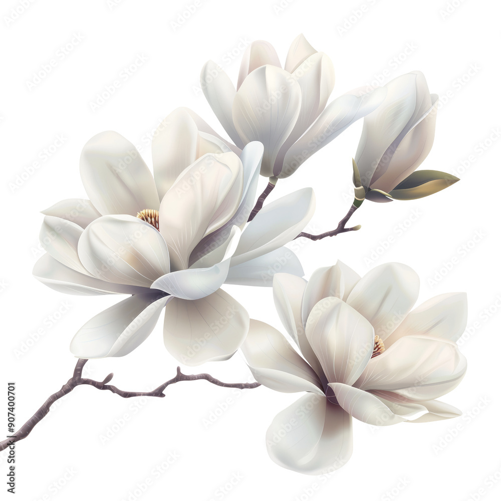 Elegant White Magnolia Flowers on Branch - High-Resolution Botanical Illustration for Nature and Floral Design Projects Elegant White Magnolia Flowers on Branch - High-Resolution Botanical Illustration for Nature and Floral Design Projects