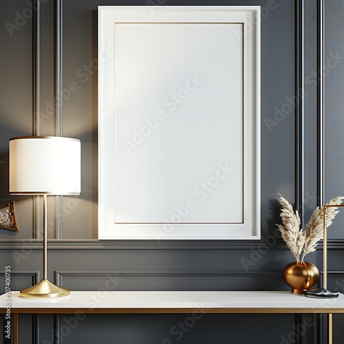 An unoccupied picture frame mockup on a dark gray wall with a modern finish, featuring a sleek table lamp and a framed art piece on a nearby console table. photo