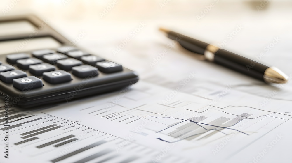 Calculator and Pen on Financial Charts, Out-of-Focus Business Office Background, Professional Atmosphere for Cloud Bookkeeping or Online Income Calculator and Pen on Financial Charts, Out-of-Focus Business Office Background, Professional Atmosphere for Cloud Bookkeeping or Online Income