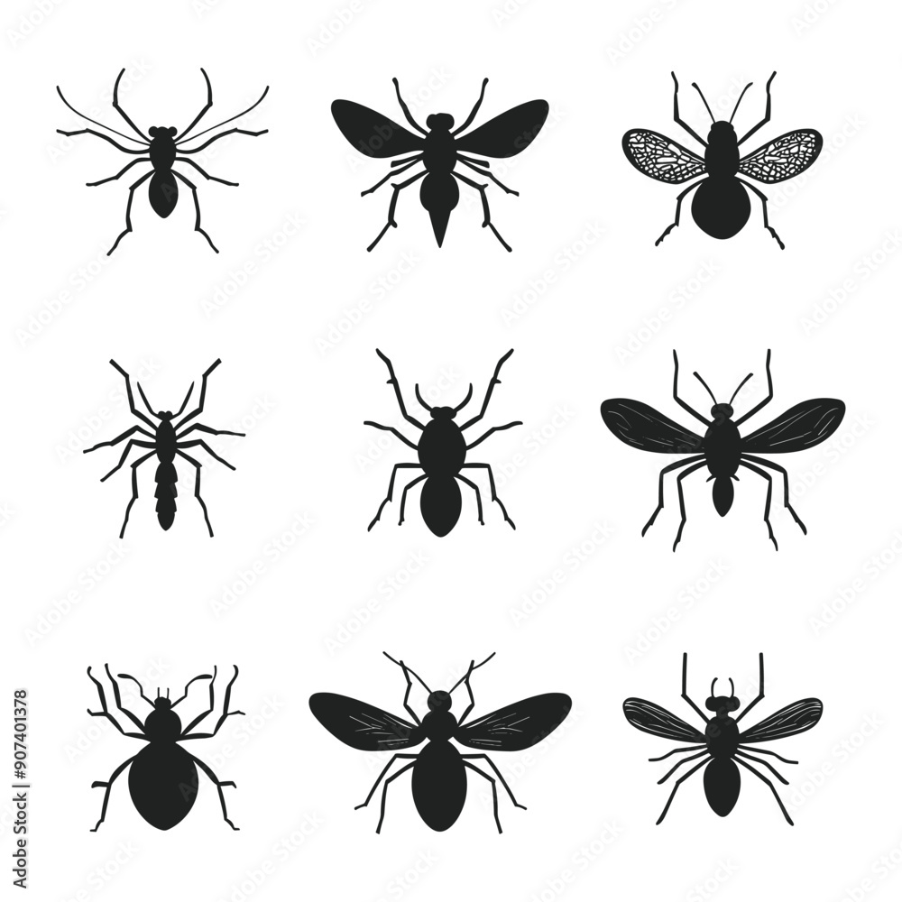 Set of 9 black silhouettes of different insects. Set of 9 black silhouettes of different insects.