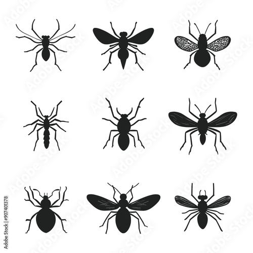 Set of 9 black silhouettes of different insects. 