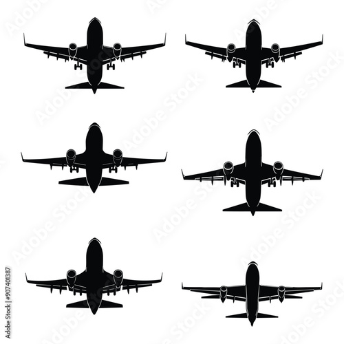Silhouettes of six airplanes in different positions, isolated on a white background.