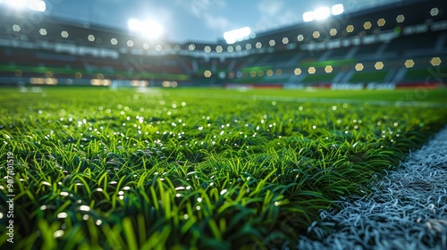 Vibrant Green Grass on a Stadium Field Under Bright Lights at Dusk. Generative AI