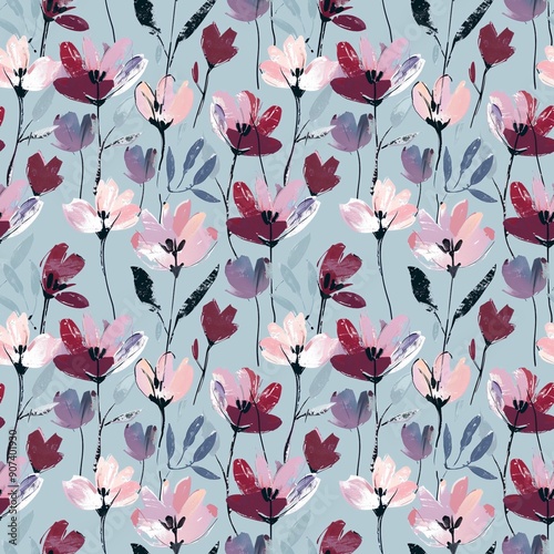 Floral pattern, applied with free brush strokes, depicting wildflowers of dusty pink, purple flowers on a light blue background, seamless pattern for textile design