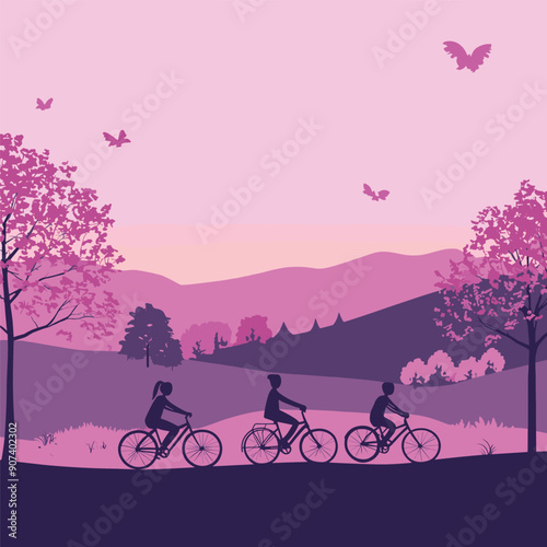 Silhouettes of three people riding bicycles on a path in a scenic landscape with trees and mountains in the background.