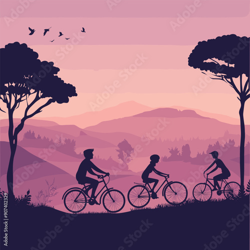 Silhouette of three people riding bicycles in a beautiful landscape at sunset. 