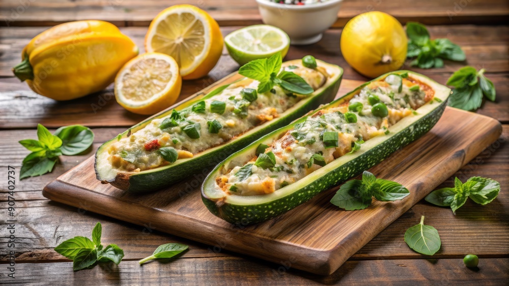 Freshly baked zucchini stuffed with savory herbs and cheese on rustic wooden table surrounded by fresh basil leaves and lemon slices. Freshly baked zucchini stuffed with savory herbs and cheese on rustic wooden table surrounded by fresh basil leaves and lemon slices.
