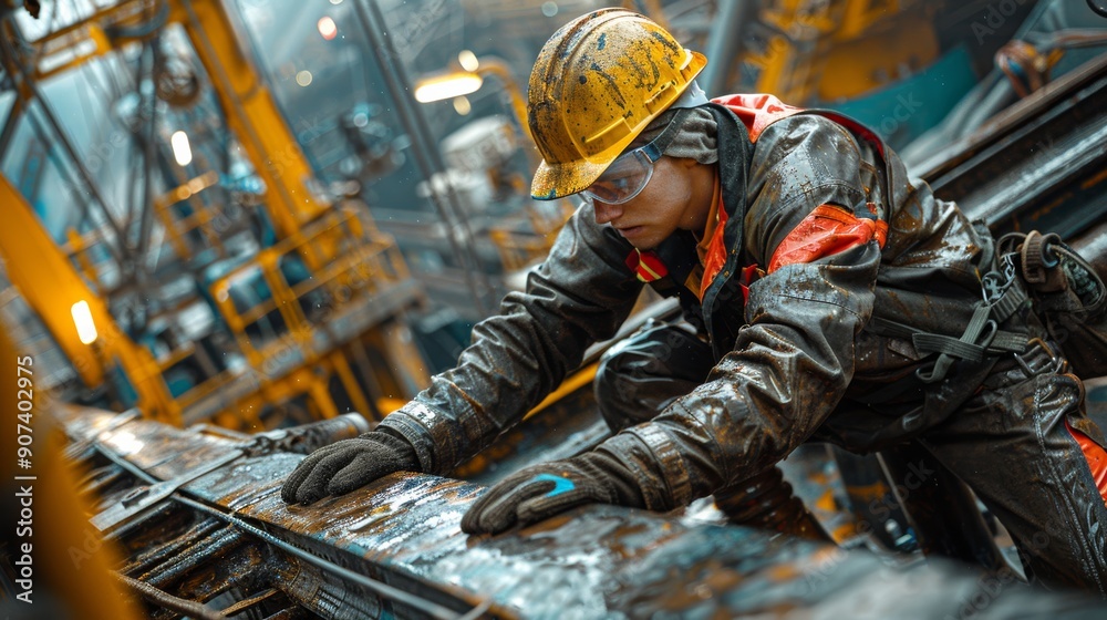 Construction Worker Wearing Helmet and Safety Gear While Working in Industrial Setting. Generative AI Construction Worker Wearing Helmet and Safety Gear While Working in Industrial Setting. Generative AI