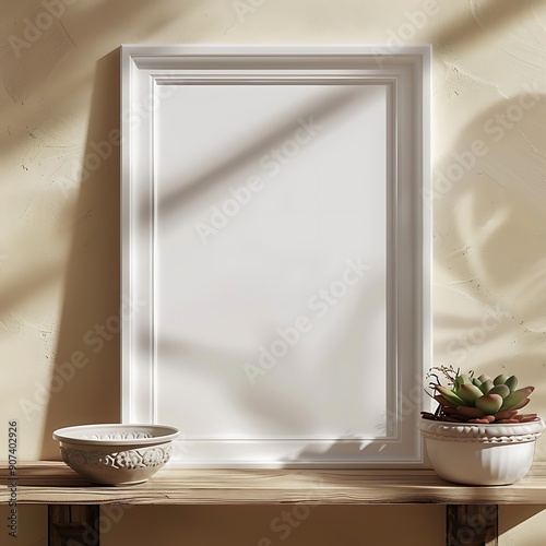 A blank white picture frame mockup on a beige wall with soft shadows, accompanied by a decorative ceramic bowl and a potted succulent on a wooden shelf. photo