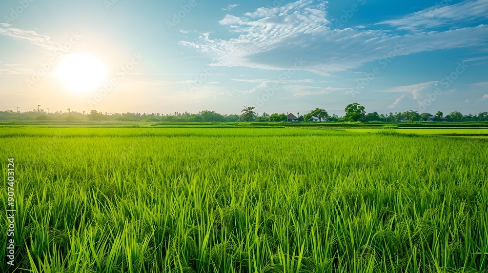 Fototapeta premium Lush Green Rice Field with Clear Blue Sky,Idyllic Agricultural Landscape