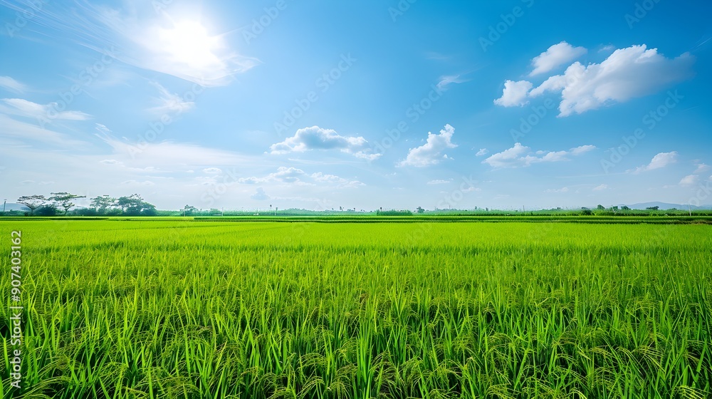 Verdant Rice Field with Serene Blue Sky - Picturesque Agricultural Landscape Verdant Rice Field with Serene Blue Sky - Picturesque Agricultural Landscape