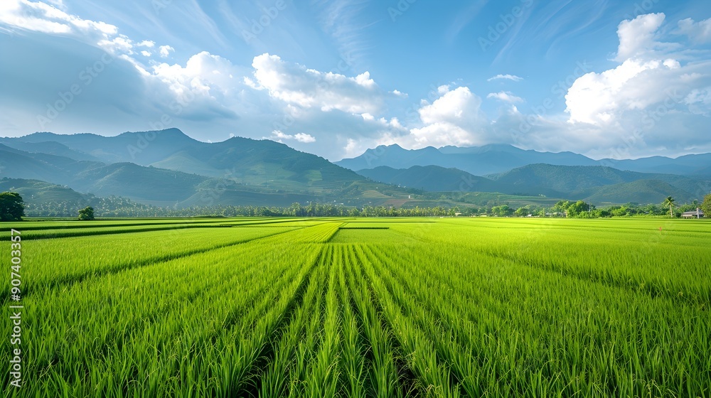 Expansive Panoramic View of Lush Rice Fields with Majestic Mountains in the Distance Expansive Panoramic View of Lush Rice Fields with Majestic Mountains in the Distance