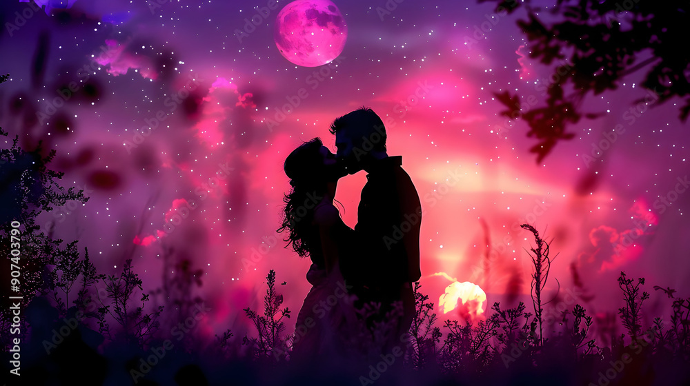 Silhouette Kiss Under Starry Sky Silhouette Kiss Under Starry Sky