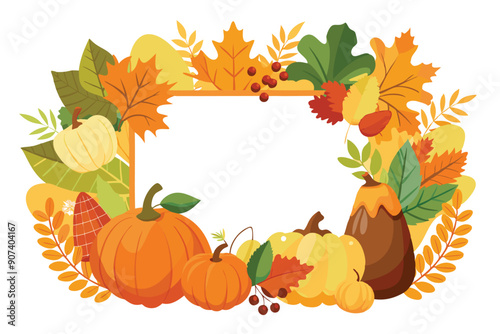 Autumnal Frame with Pumpkins, Leaves, and Berries