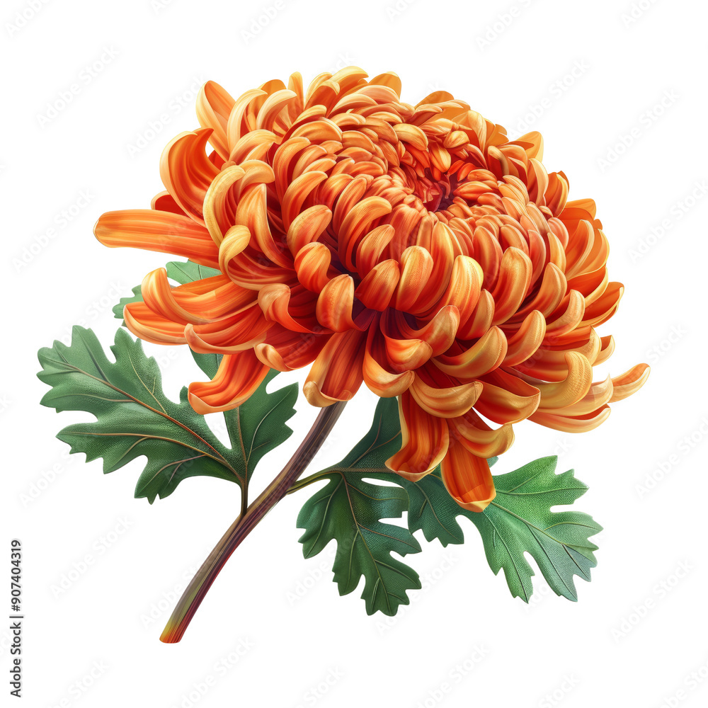 Vibrant Orange Chrysanthemum Flower with Lush Green Leaves - Perfect for Botanical and Nature-Themed Designs