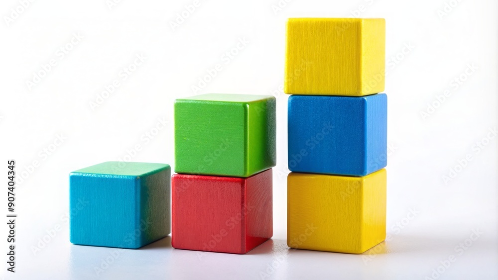 Four colorful building blocks stacked vertically on a white background with subtle shadows and soft focus effect. Four colorful building blocks stacked vertically on a white background with subtle shadows and soft focus effect.