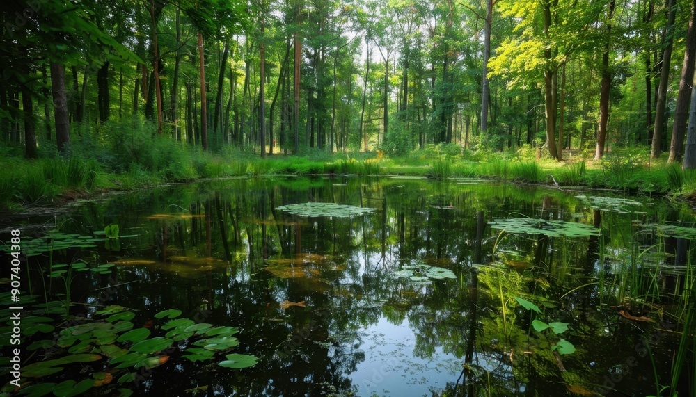 Tranquil Forest Pond Reflecting Sunlit Trees on a Summer Day Tranquil Forest Pond Reflecting Sunlit Trees on a Summer Day