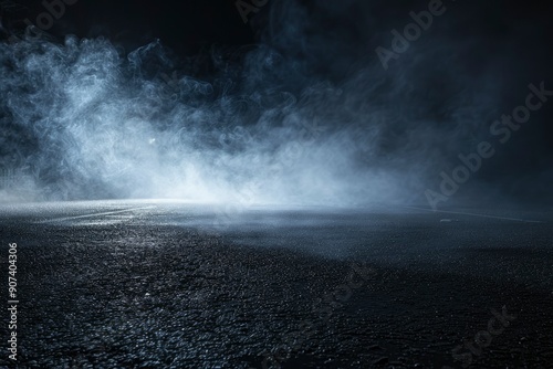 Black background of empty street, room, spotlight illuminates asphalt, smoke with generative ai