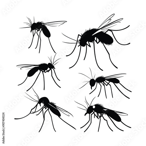 Silhouettes of six mosquitos in different poses. Black and white vector illustration.