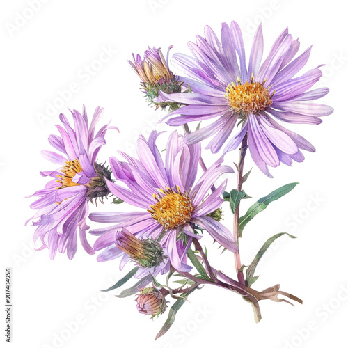 Beautiful Botanical Illustration of Purple Flowers with Green Leaves on Transparent Background