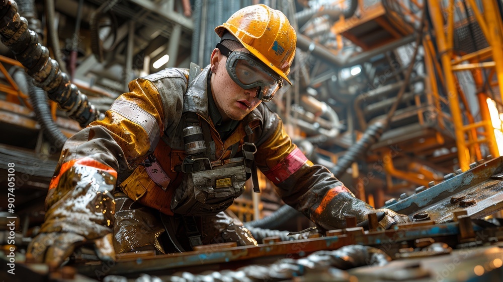 Young Worker Dressed in Safety Gear Operates Machinery in Industrial Environment During Daylight Hours. Generative AI Young Worker Dressed in Safety Gear Operates Machinery in Industrial Environment During Daylight Hours. Generative AI