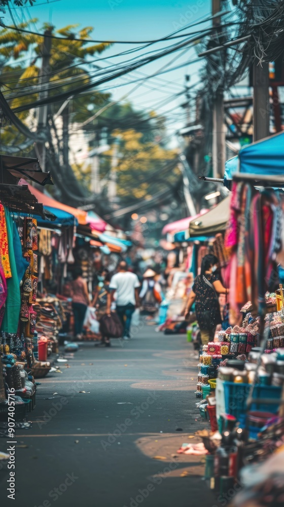 Obraz premium Busy street market in Thailand with colourful goods and people.