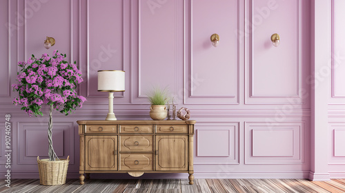 Purple retro wood cabinet near wainscoting wall. Vintage classic home interior design of living room with antique furniture