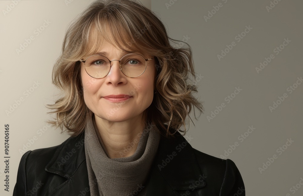 Confident mature woman with glasses and curly hair wearing a scarf and jacket, looking directly into the camera. Neutral background. Confident mature woman with glasses and curly hair wearing a scarf and jacket, looking directly into the camera. Neutral background.