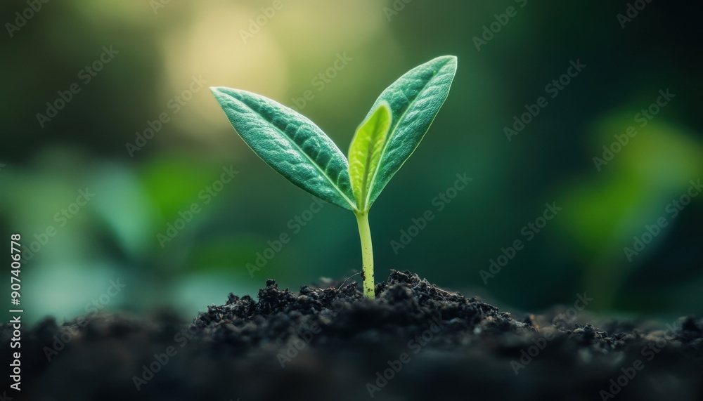 Fototapeta premium Single green sprout emerging from soil on a clean, minimal background, symbolizing growth, sustainability, and the environment