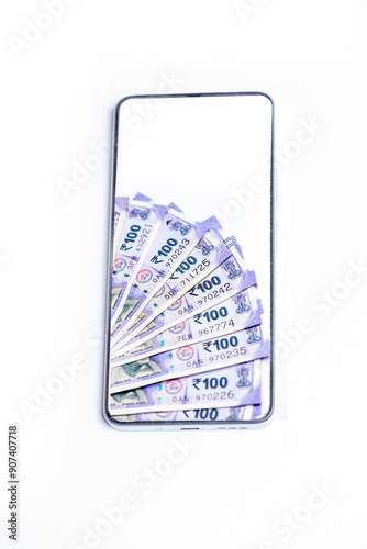 Smart phone and Indian one hundred rupees isolated on white background