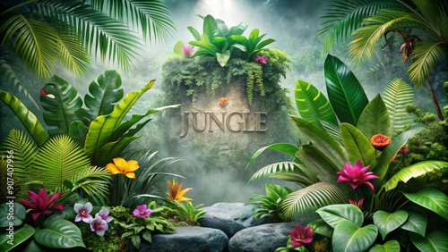 Vibrant green foliage surrounds exotic tropical flowers in a misty jungle atmosphere with jungle font overlay on a natural stone background. photo