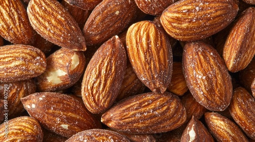 Macro view of numerous roasted almonds, highlighting their crunchy texture and golden-brown hue