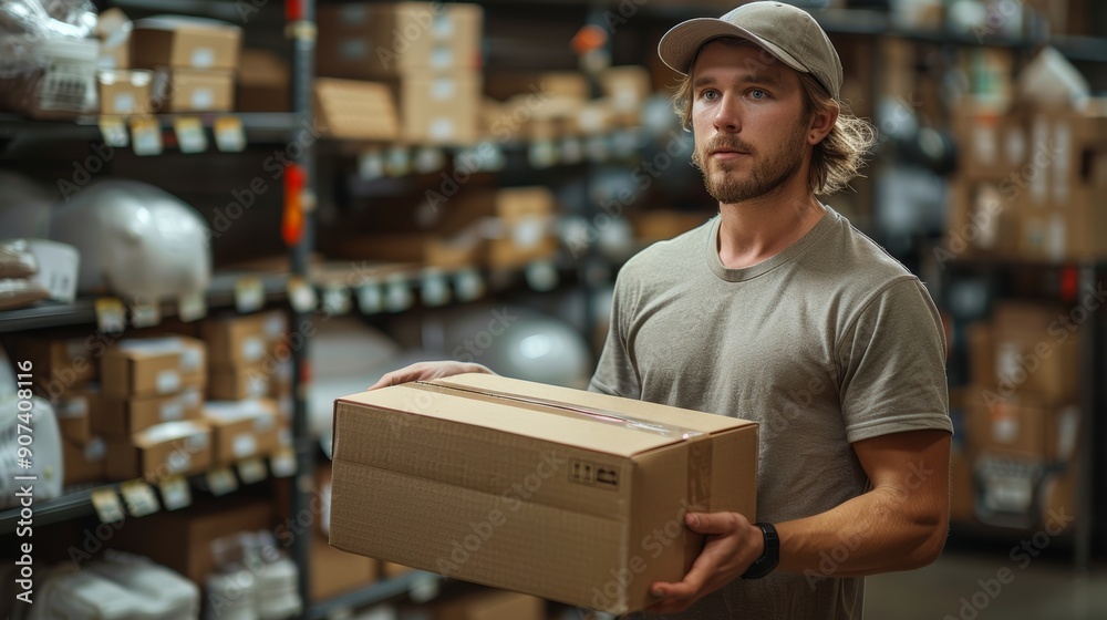Young Man Holding Cardboard Box in Warehouse Filled With Packages During Daytime. Generative AI