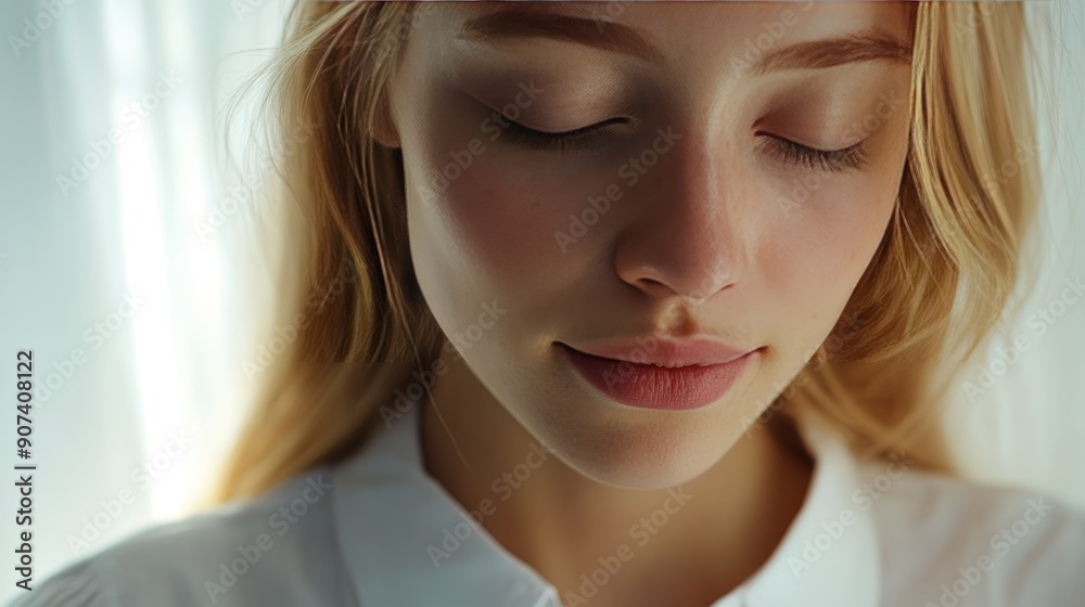 Serene close-up of a woman with blonde hair, white shirt, and closed eyes, evoking a sense of tranquility Serene close-up of a woman with blonde hair, white shirt, and closed eyes, evoking a sense of tranquility