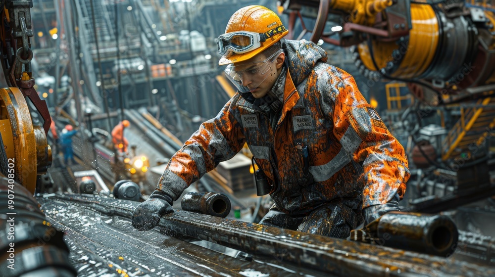 Dedicated Worker Performing Maintenance on Offshore Oil Rig During Rainy Weather in the North Sea. Generative AI