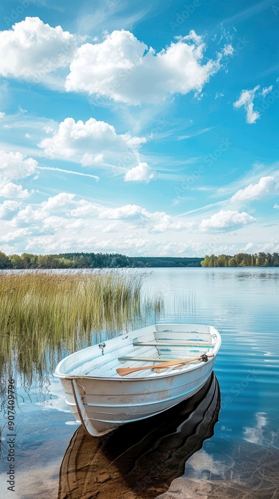 Obraz premium Tranquil Lake Scene with Rowboat.