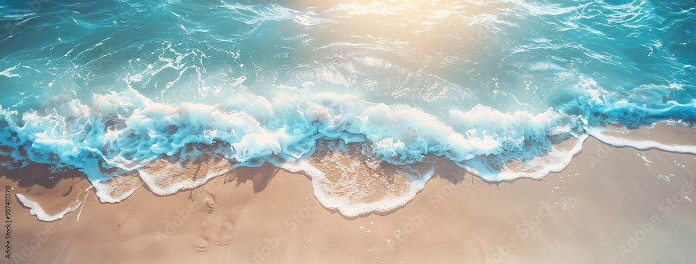 Abstract sand beach view from above, with light blue transparent water waves and sunlight; summer vacation background concept banner with copy space, highlighting natural beauty and spa outdoors. Abstract sand beach view from above, with light blue transparent water waves and sunlight; summer vacation background concept banner with copy space, highlighting natural beauty and spa outdoors.