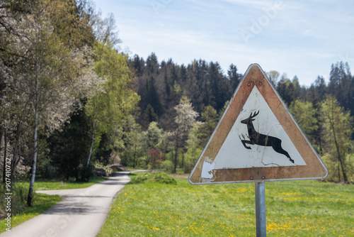 Verkehrszeichen warnt vor Wildwechsel photo