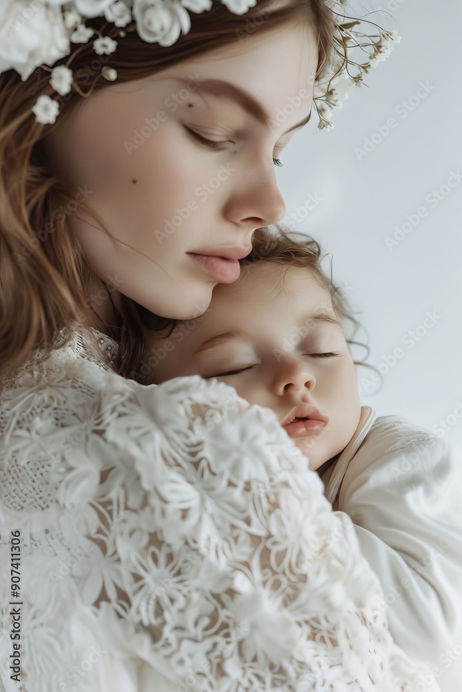 A woman holding a baby in her arms with a flower crown on her head A woman holding a baby in her arms with a flower crown on her head