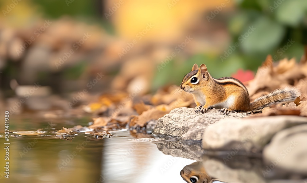A small chipmunk sits on a rocky edge by a peaceful pond, Generative AI A small chipmunk sits on a rocky edge by a peaceful pond, Generative AI