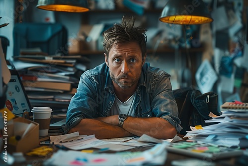 Man with disheveled hair looks stressed while working late at a cluttered desk filled with papers and coffee cups.