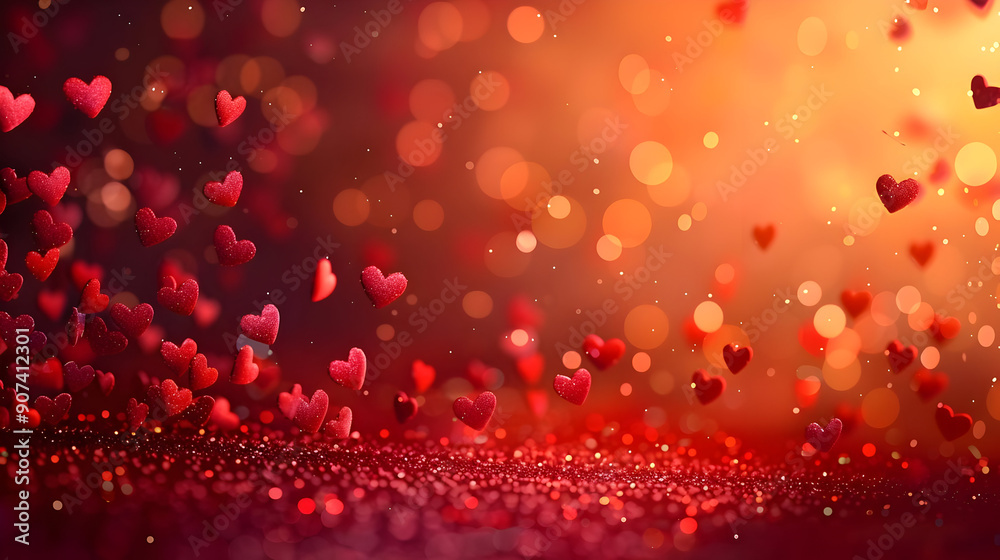 Red Hearts Falling on Glitter Background Red Hearts Falling on Glitter Background